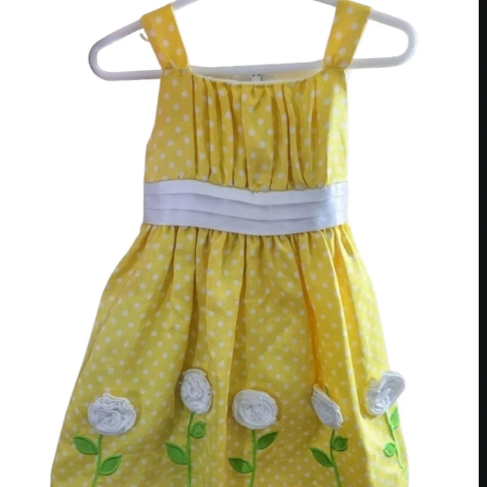 Girls Size 2T Princess Polka Dot Dress Yellow White Flowers Bow Lined Lightweigh